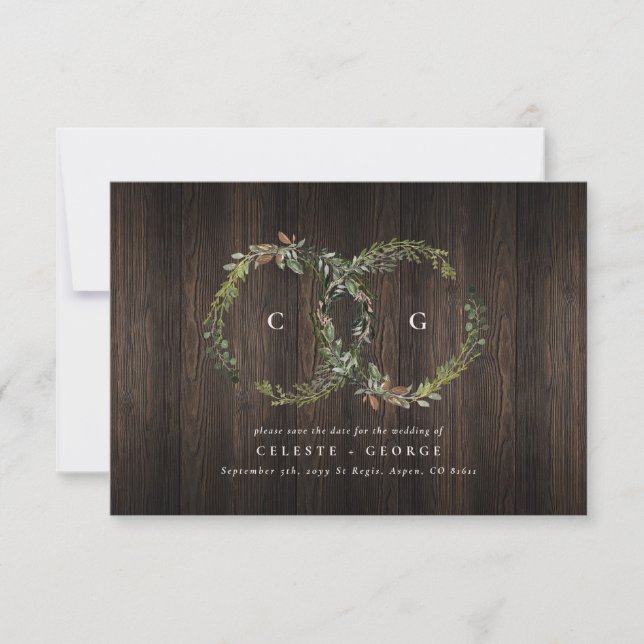 Rustic foliage wreath dark wood wedding save the date (Front)