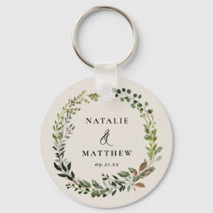 Rustic foliage wreath fall winter wedding party key ring