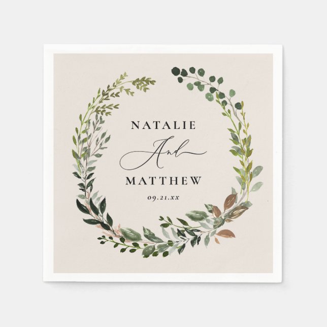 Rustic foliage wreath fall winter wedding party napkin (Front)