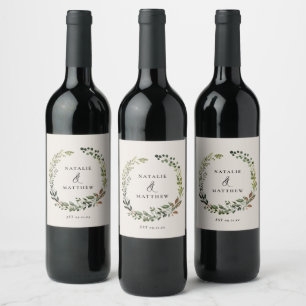 Rustic foliage wreath fall winter wedding party wine label