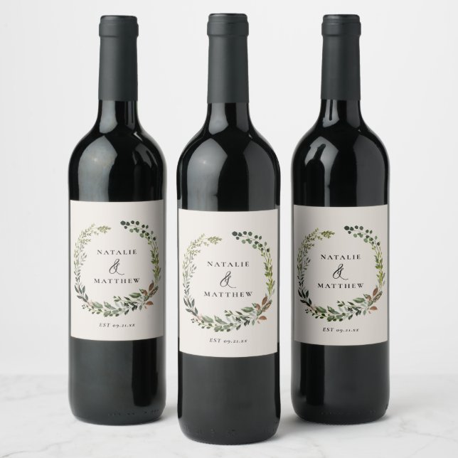 Rustic foliage wreath fall winter wedding party wine label (Bottles)