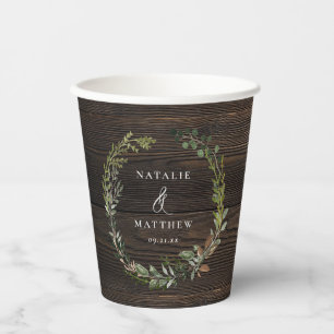 rustic foliage wreath farmhouse wedding party pape paper cups
