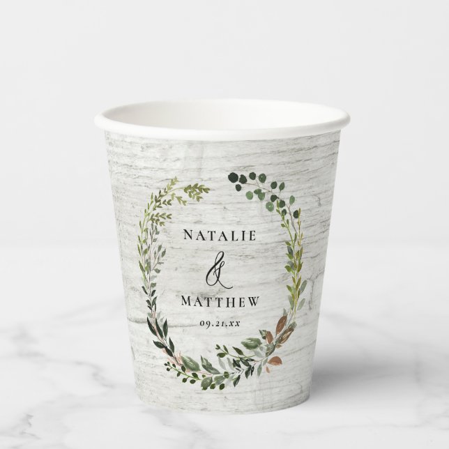 rustic foliage wreath farmhouse wedding party pape paper cups (Front)