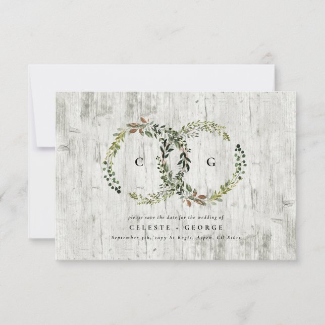 Rustic foliage wreath silver wood wedding save the date (Front)
