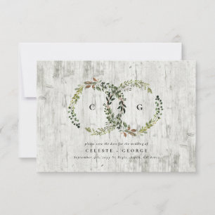 Rustic foliage wreath silver wood wedding save the date