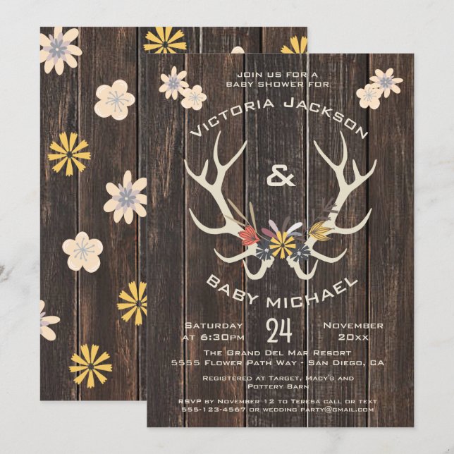 Rustic folk art deer antlers Baby Shower Invitation (Front/Back)