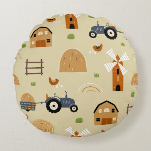 Rustic Folk Art Farm Tractors Seamless Pattern Round Cushion