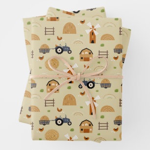 Rustic Folk Art Farm Tractors Seamless Pattern Wrapping Paper Sheet