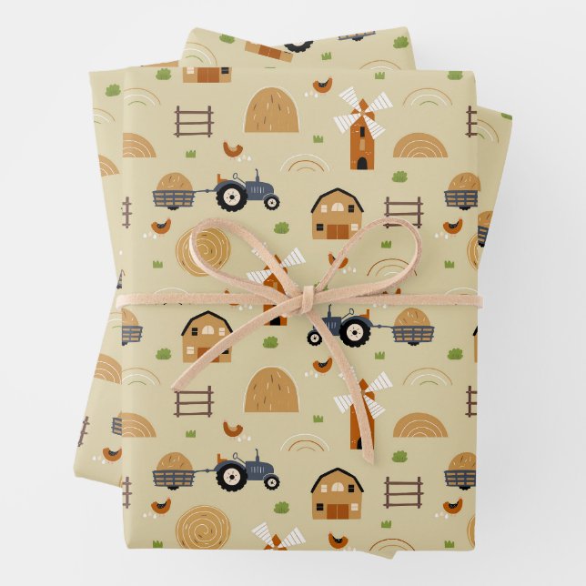 Rustic Folk Art Farm Tractors Seamless Pattern Wrapping Paper Sheet (In situ)