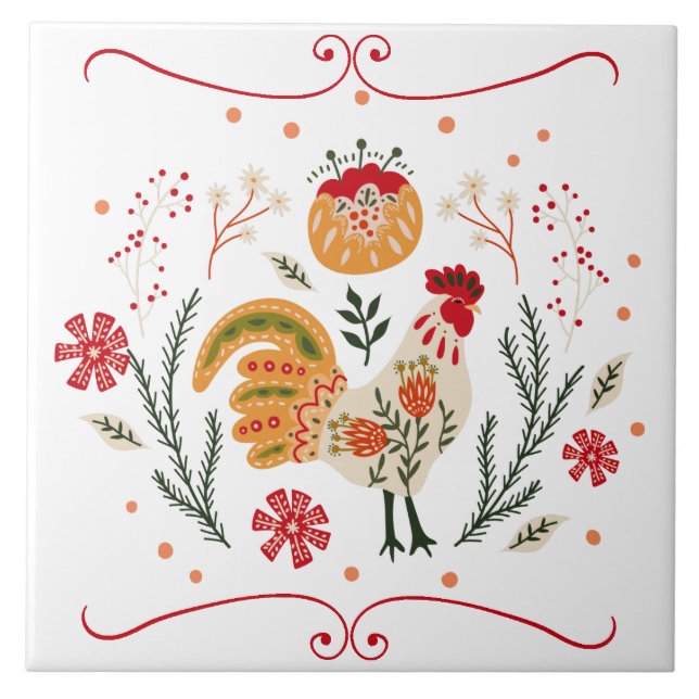 Rustic Folk Art Rooster Tile (Front)