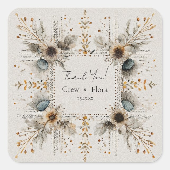 Rustic Folk Art Square Botanical Gold Wedding Sticker (Front)