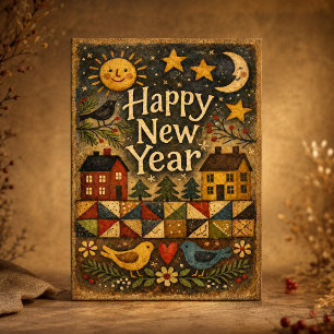 Rustic Folk Art Village New Year Holiday Card