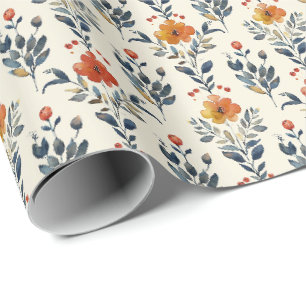 Rustic Folk Floral Gift Wrap, Warm Vintage Blooms  Wrapping Paper