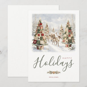 Rustic Folk Quilt Tree Reindeer Green Red TMF26 Holiday Card