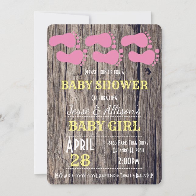 Rustic Foot Prints Baby Girl Baby Shower Invite (Front)