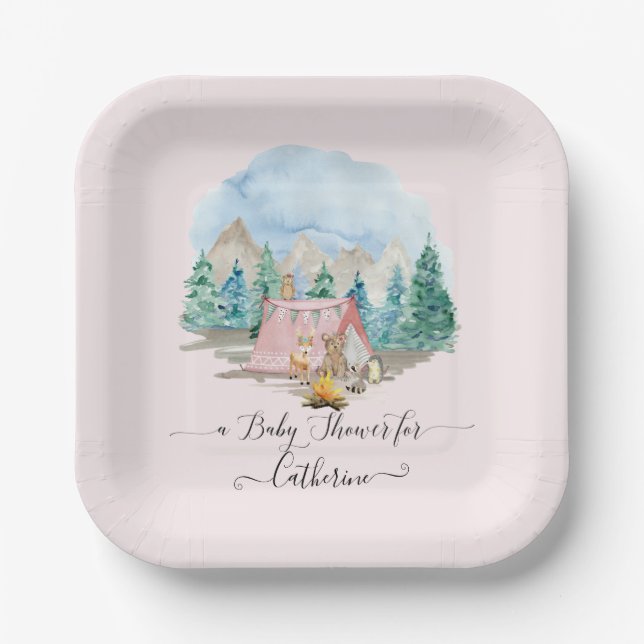 Rustic Forest Animals Deer Bear Floral Baby Shower Paper Plate (Front)