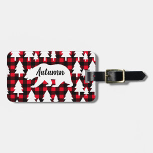 Rustic Forest Bear Buffalo Check Plaid & Name Luggage Tag