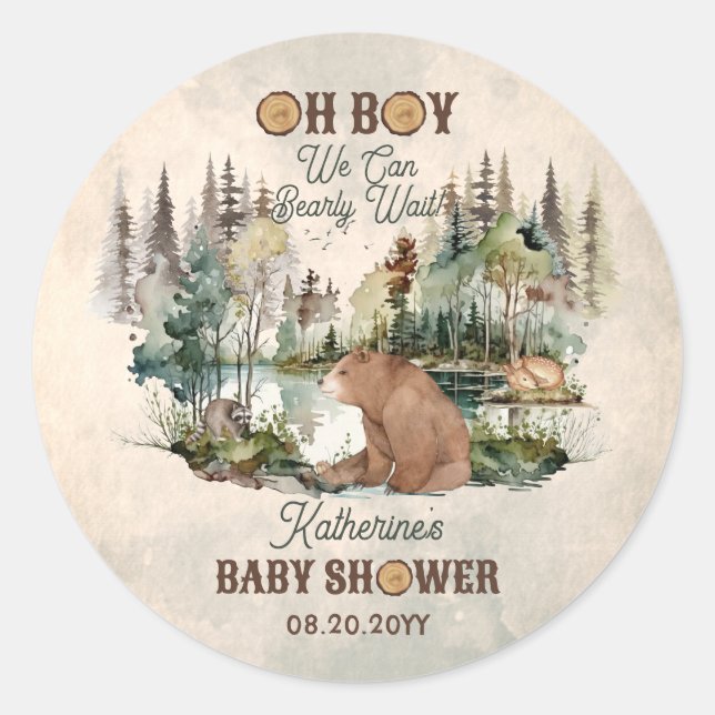 Rustic Forest Bearly Wait Baby Shower Favour Classic Round Sticker (Front)