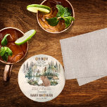 Rustic Forest Bearly Wait Baby Shower Thank You Round Paper Coaster<br><div class="desc">The animals have gathered in this rustic watercolor woodland forest for your "Oh Boy" "We Can Bearly Wait!" bear boy baby shower celebration. A brown bear sits at the base of the forest by the lake and keeping him company is a cute little racoon and in the background under a...</div>