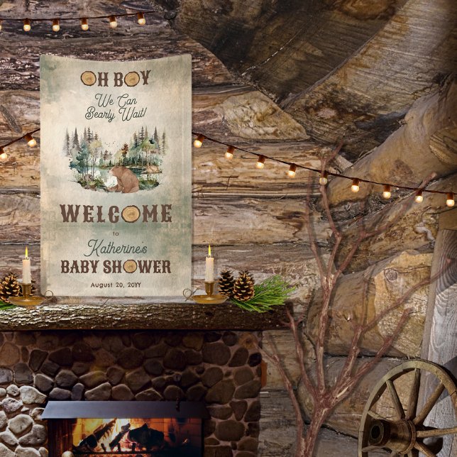 Rustic Forest Bearly Wait Baby Shower Welcome  Banner ("Oh Boy We Can Bearly Wait!" Rustic Woodland Bear and Forest Animals Baby Shower Welcome Banner)