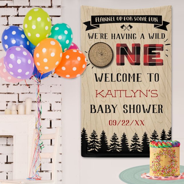 Rustic Forest Buffalo Plaid Wild One Baby Shower Banner (Creator Uploaded)