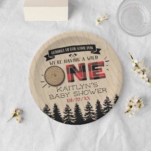 Rustic Forest Buffalo Plaid Wild One Baby Shower Paper Plate