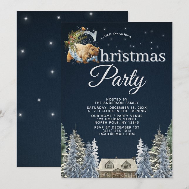 Rustic Forest Cabin Bear Stars Christmas Party Invitation (Front/Back)