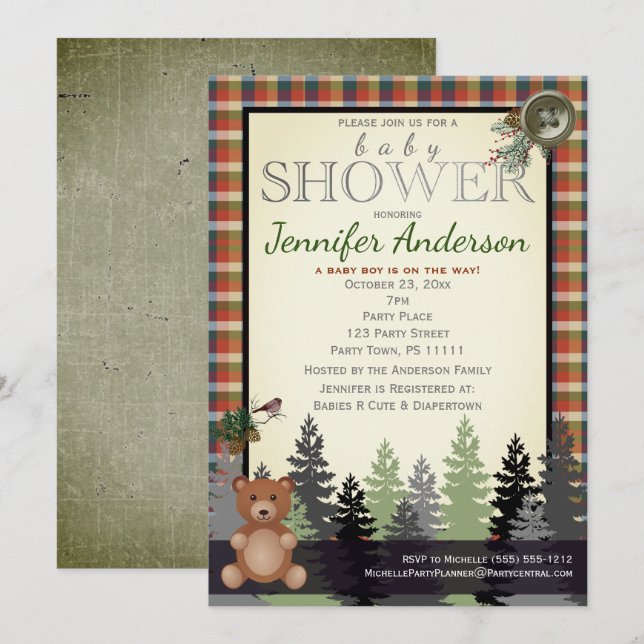 Rustic Forest Country Plaid Baby Shower Bear Invitation (Front/Back)