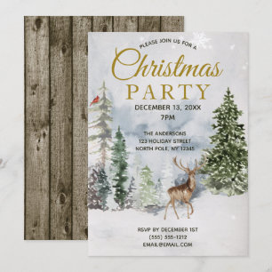 Rustic Forest Deer Cardinal Tree Christmas Party Invitation