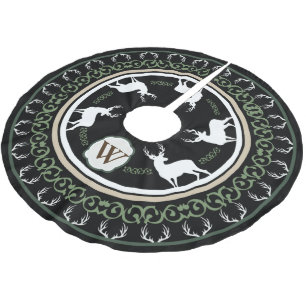 Rustic Forest Deer Silhouettes & Antlers Monogram Brushed Polyester Tree Skirt