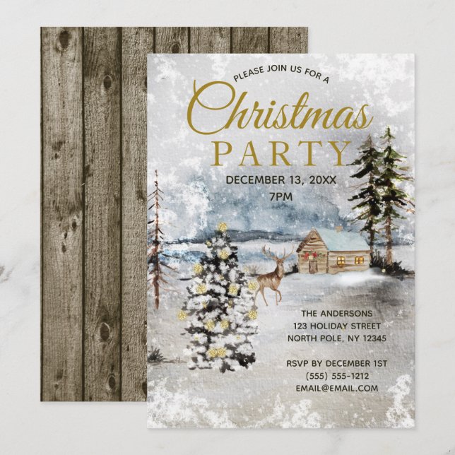 Rustic Forest Deer Tree Lights Christmas Party Invitation (Front/Back)