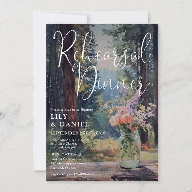 Rustic Forest Floral Mason Jar Rehearsal Dinner Invitation (Front)