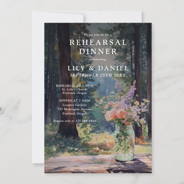 Rustic Forest Floral Mason Jar Rehearsal Dinner Invitation (Front)