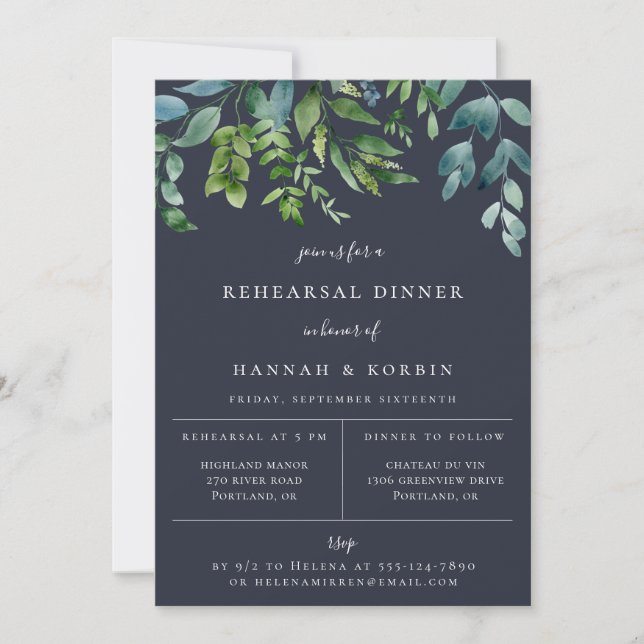 Rustic Forest Foliage Navy Blue Rehearsal Dinner Announcement (Front)