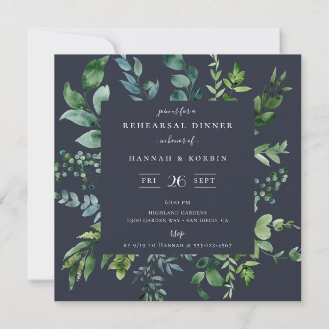 Rustic Forest Foliage Navy Blue Rehearsal Dinner Invitation (Front)