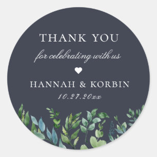 Rustic Forest Foliage Navy Blue Wedding Favour Classic Round Sticker