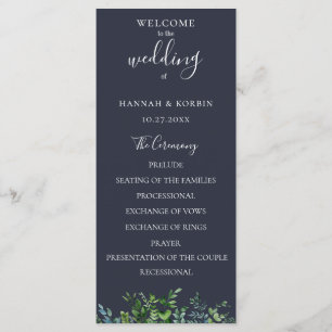 Rustic Forest Foliage Navy Blue Wedding Programme