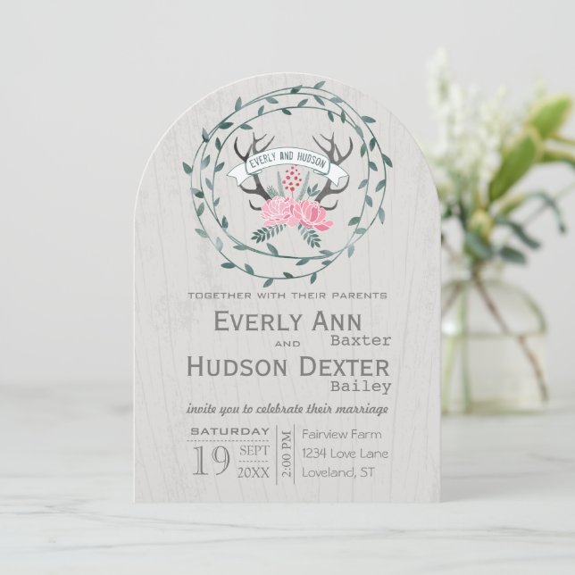 Rustic Forest Garland Antler Barn Wood Wedding Invitation (Standing Front)