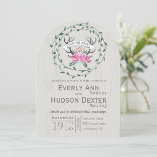 Rustic Forest Garland Antler Barn Wood Wedding Invitation