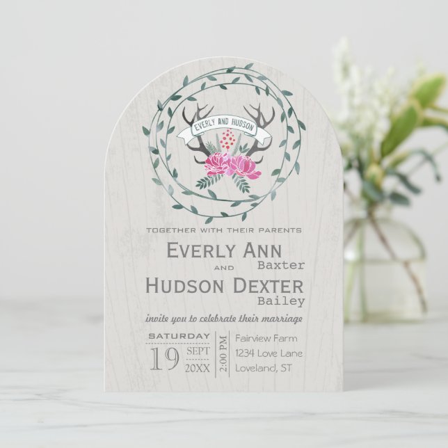 Rustic Forest Garland Antler Barn Wood Wedding Invitation (Standing Front)