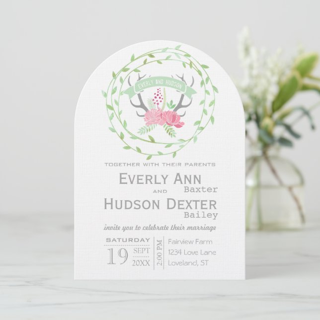 Rustic Forest Garland Deer Antler Wedding Invitation (Standing Front)