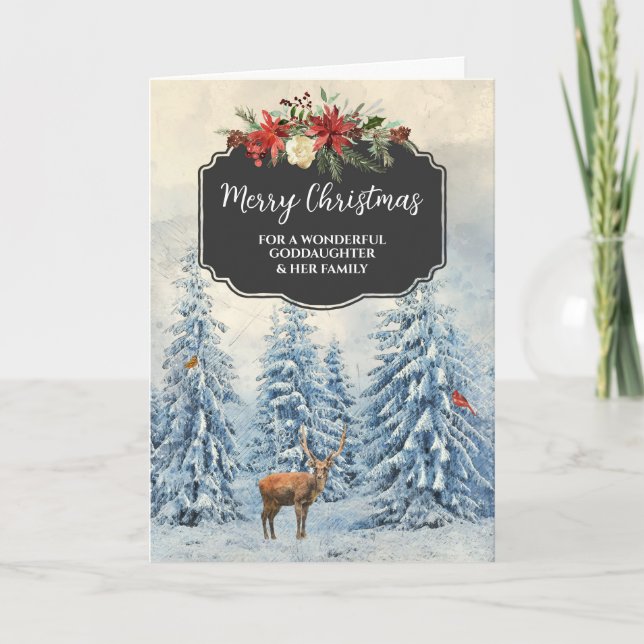Rustic Forest Goddaughter & Family Merry Christmas Card (Front)