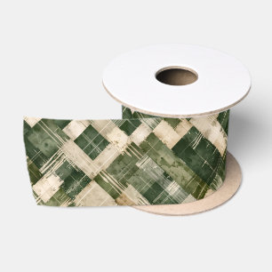 Rustic Forest Green Brushstroke Plaid Tartan Satin Ribbon