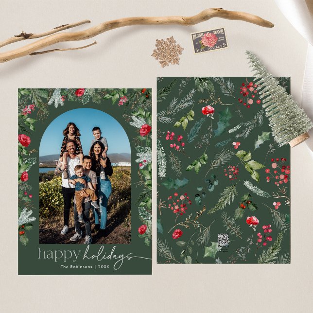 Rustic Forest Green Happy Holidays Botanical Arch Holiday Card (Creator Uploaded)