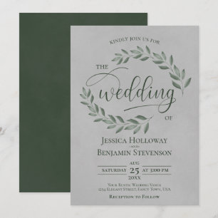 Rustic Forest Green Leaves Elegant Gray Wedding Invitation
