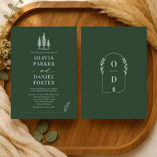 Rustic Forest Green Line Art  Wedding Invitation