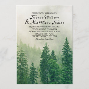 Rustic Forest Green Pine Tree Country Wood Wedding Invitation