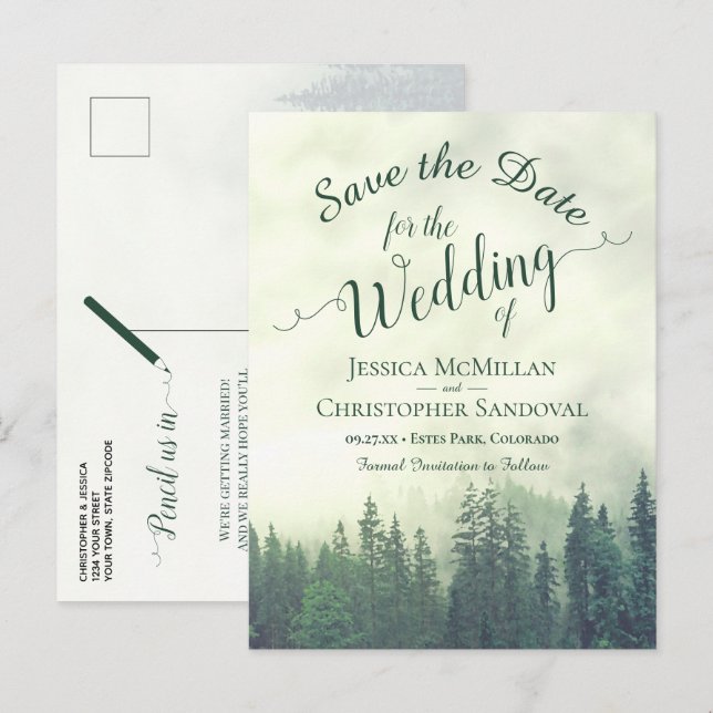 Rustic Forest Green Pines Wedding Save the Date Announcement Postcard (Front/Back)