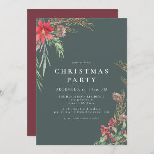 Rustic Forest Green Winter Floral Christmas Party Invitation