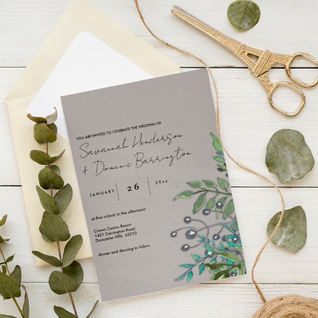 Rustic Forest Greens on Slate Grey Wedding Invitation (Creator Uploaded)